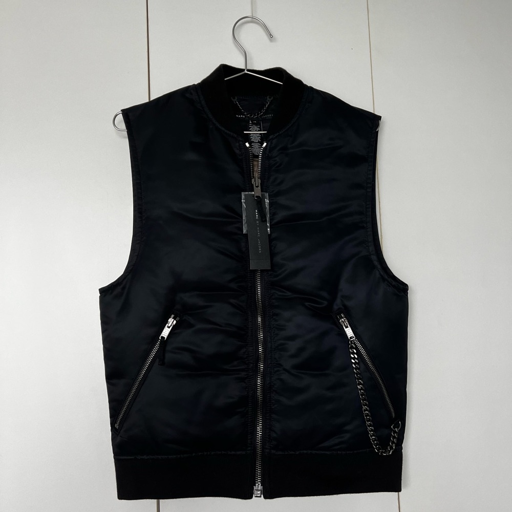 Marc Jacobs Black Satin Bomber Vest with Chain Detail